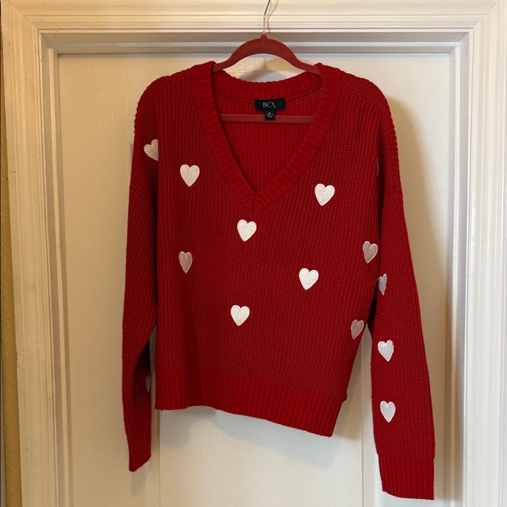 BCX Red V-Neck Sweater with White Hearts